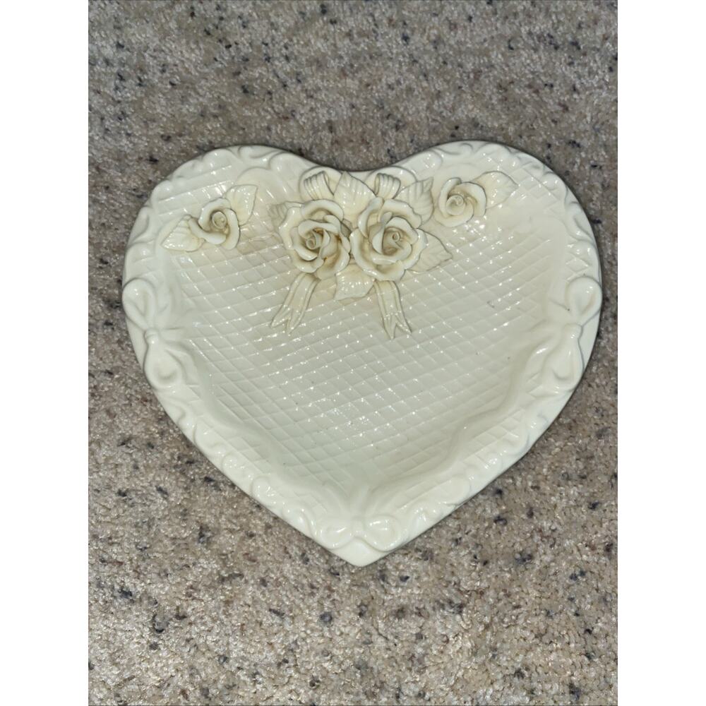 Heart Shaped Porcelain Dish, Roses, Bows, Cottage Core Ivory Detailed 9in X 7.5